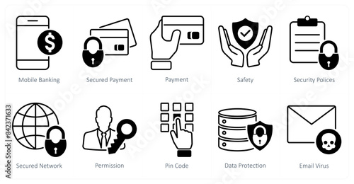 A set of 10 security icons as mobile banking, secured payment, payment