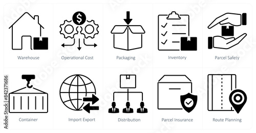 A set of 10 logistics icons as warehouse, operational cost, packaging