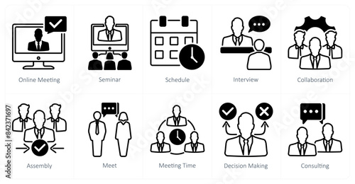 A set of 10 meeting icons as online meeting, seminar, schedule