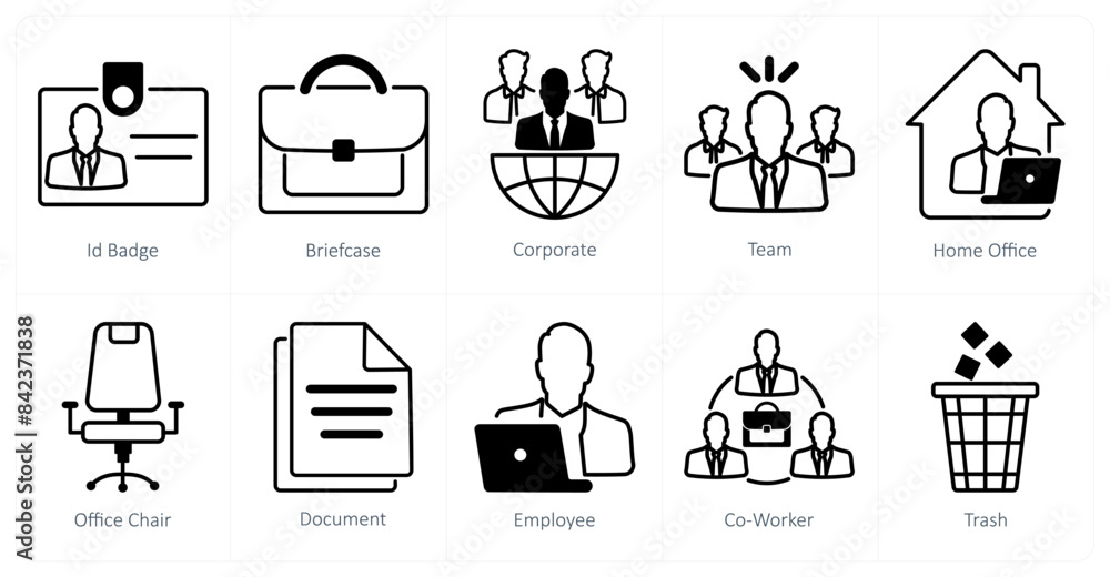 A set of 10 office icons as id badge, briefcase, corporate A set of 10 office icons as id badge, briefcase, corporate
