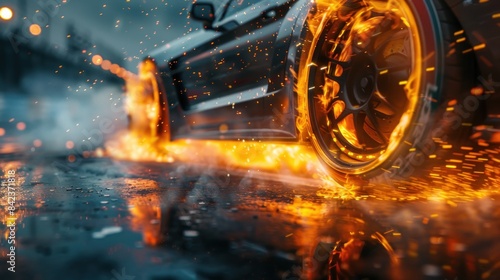 Disc brakes burn with high temperature and the smoke of racing cars