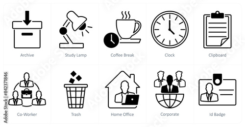 A set of 10 office icons as archive, study lamp, coffee break