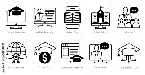 A set of 10 online education icons as online education, online teaching, online class