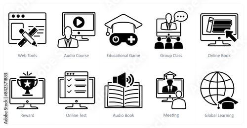 A set of 10 online education icons as web tools, audio course, educational game