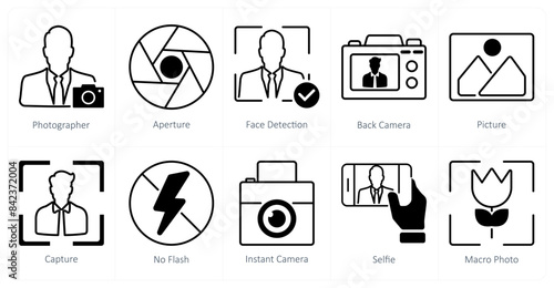 A set of 10 photography icons as photographer, apreture, face detection