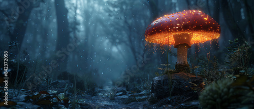 A dark forest illuminated by a vibrant, glowing bioluminescent mushroom