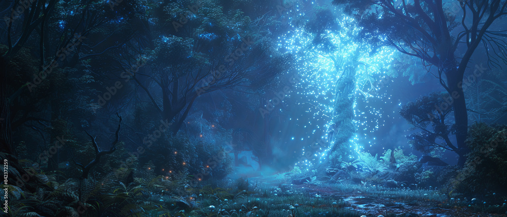 Obraz premium A dense dark forest with a vibrant bioluminescent mushroom standing tall and glowing