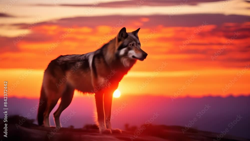 A majestic wolf stands on a mountain ridge during sunset. The golden hues of the setting sun illuminate the wolf's fur, creating a scene of natural beauty and serenity. A majestic wolf stands on a mountain ridge during sunset. The golden hues of the setting sun illuminate the wolf's fur, creating a scene of natural beauty and serenity.