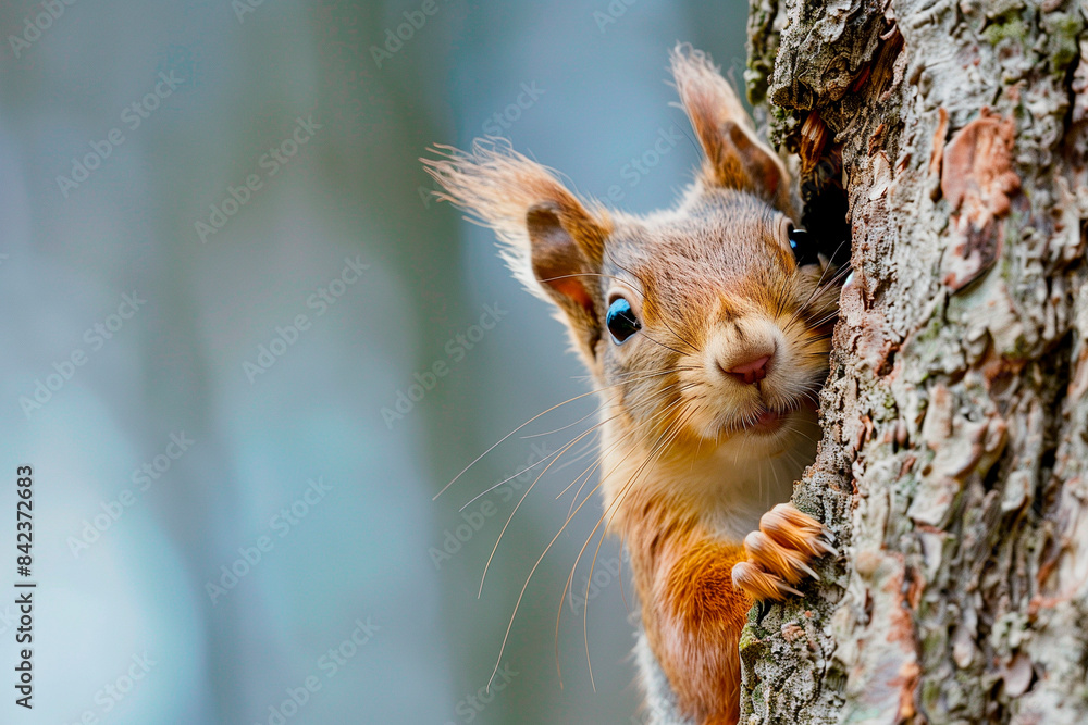 A squirrel is peeking out from behind a tree trunk A squirrel is peeking out from behind a tree trunk