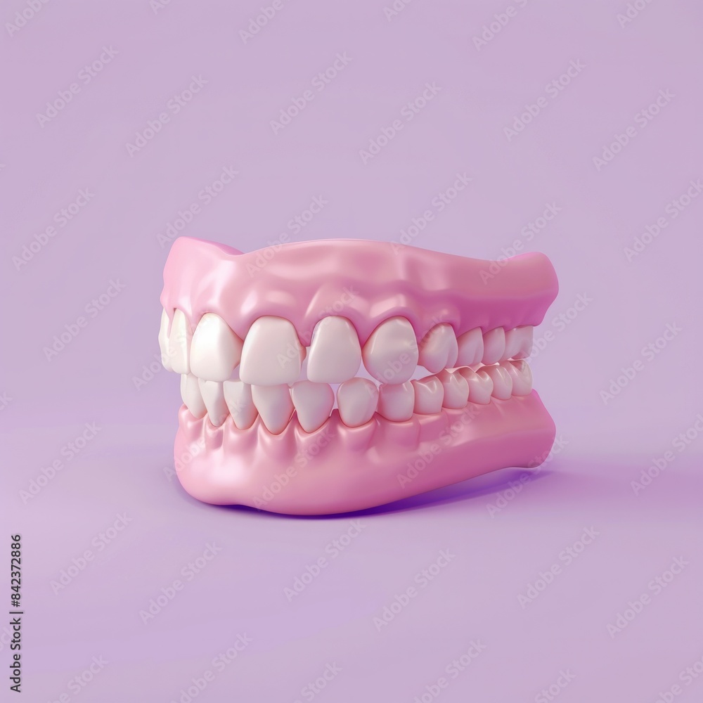 Fototapeta premium Denture 3D Icon Create a 3D icon of a full set of dentures, realistically detailed, placed on a soft pink, AI Generative