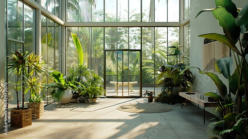 A spacious sunroom with a greenhouse feel, featuring large glass panels, exotic plants, and a small wooden bench for relaxation © Sana