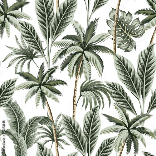 Tropical vintage palm leaves, palms floral seamless pattern white background. Exotic jungle wallpaper.	
