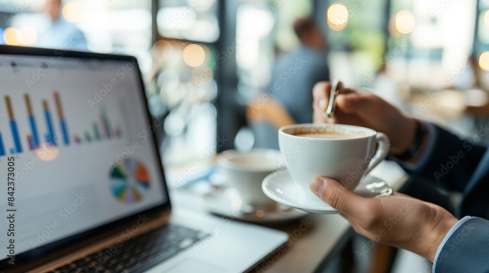 A professional setting with a person analyzing graphs on a laptop and enjoying a cup of coffee A professional setting with a person analyzing graphs on a laptop and enjoying a cup of coffee
