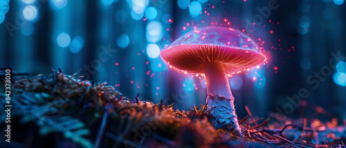 A single vibrant glowing bioluminescent mushroom casting light in the dark forest
