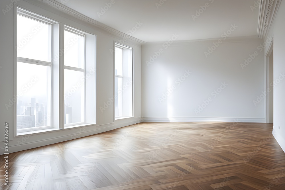 Empty room interior design, open space with white walls and parquet wooden floor, modern contemporary architecture Empty room interior design, open space with white walls and parquet wooden floor, modern contemporary architecture