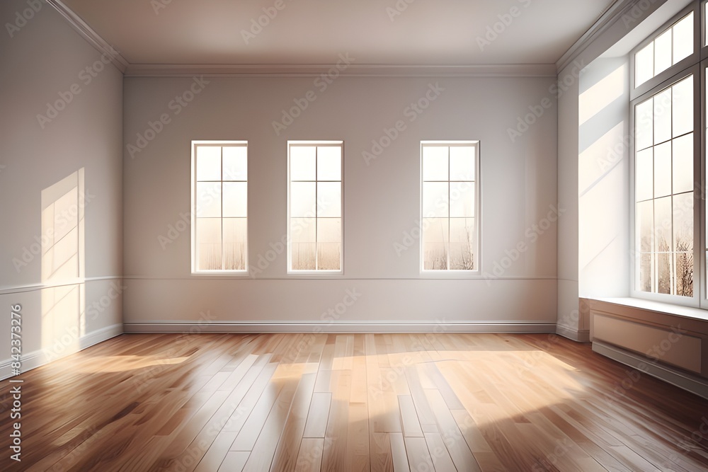 Empty room interior design, open space with white walls and parquet wooden floor, modern contemporary architecture Empty room interior design, open space with white walls and parquet wooden floor, modern contemporary architecture