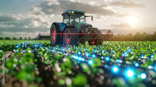 A futuristic concept of agriculture technology, highlighting precision farming tools and efficiency improvement through innovative tech solutions, with a high-tech farm background.