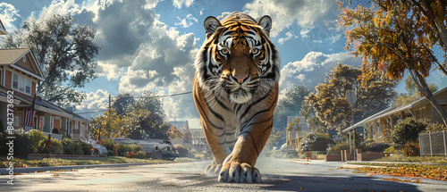 A tiger prowling through a residential street in a quiet neighborhood