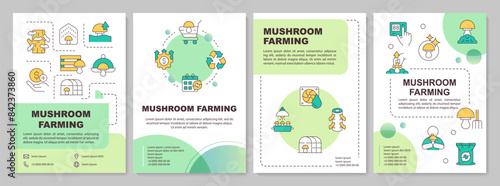 Mushroom farming green circle brochure template. Benefits. Leaflet design with linear icons. Editable 4 vector layouts for presentation, annual reports. Arial-Bold, Myriad Pro-Regular fonts used