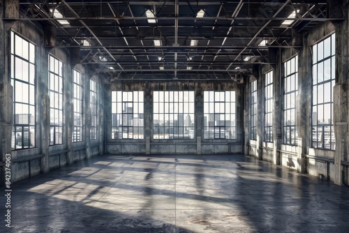 An industrial warehouse featuring large windows that allow natural light to illuminate the space, adding a modern and spacious feel to the industrial setting. © wpw