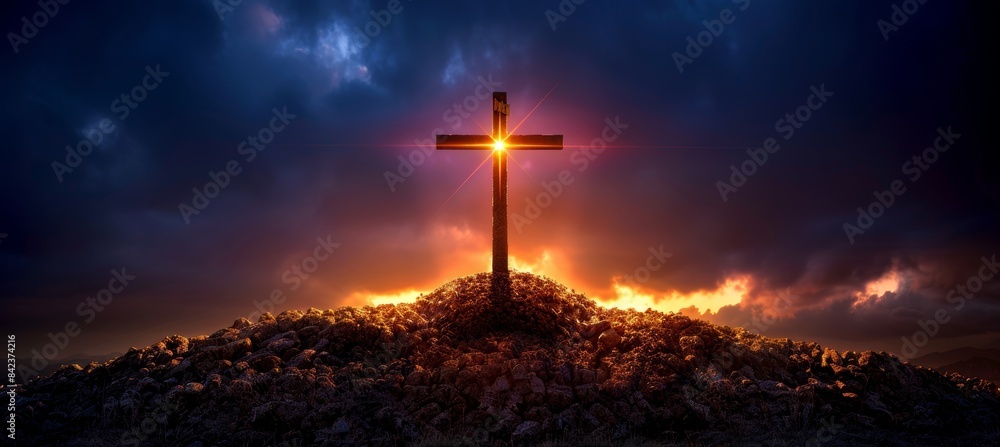Obraz premium Easter symbolism empty tomb, cross at sunrise, representing jesus christ s resurrection