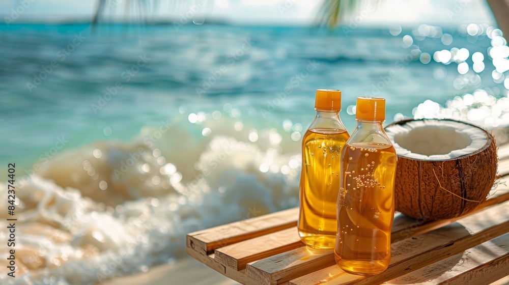 Close-up of a sunscreen bottle on a sandy beach, palm leaves in the background, vibrant blue ocean, sun shining brightly Close-up of a sunscreen bottle on a sandy beach, palm leaves in the background, vibrant blue ocean, sun shining brightly