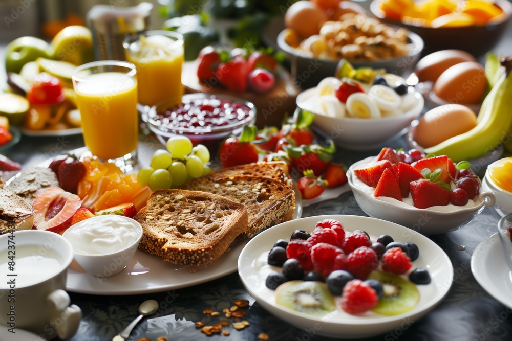 A table full of fruit and breakfast foods A table full of fruit and breakfast foods