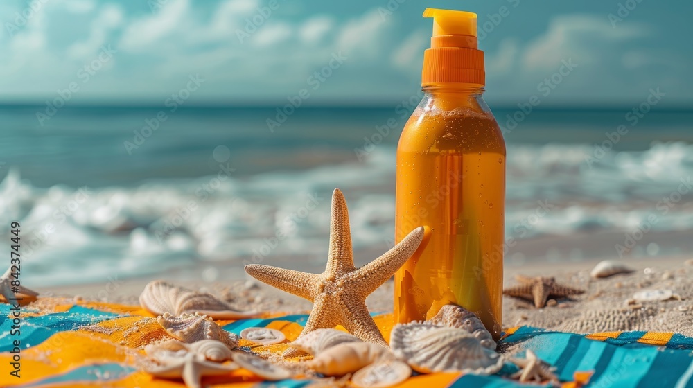 Close-up of a sunscreen bottle on a sandy beach, palm leaves in the background, vibrant blue ocean, sun shining brightly Close-up of a sunscreen bottle on a sandy beach, palm leaves in the background, vibrant blue ocean, sun shining brightly