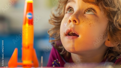 Little boy looking up at a toy rocket.