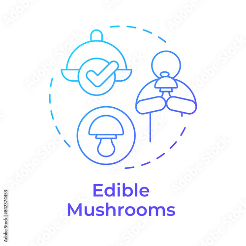 Edible mushrooms blue gradient concept icon. Safe mushrooms for eating. Foraging mushrooms. Vegan food. Round shape line illustration. Abstract idea. Graphic design. Easy to use in article