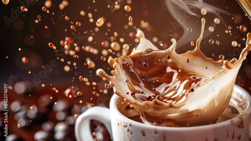 Close-up of aromatic coffee splashing in a cappuccino cup, showcasing the perfect blend of frothy milk and espresso, with steam rising and a rich aroma.