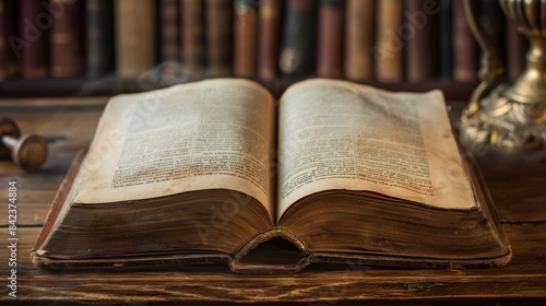 A weathered open book with a leather cover on a wooden desk in library setting
