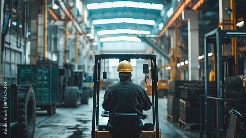 Industrial Warehouse Worker Operating Forklift in Modern Factory with Heavy Machinery and Equipment, High Ceilings, and Bright Lighting, Depicting Industrial Work Environment and Manufacturing © YUTTADANAI