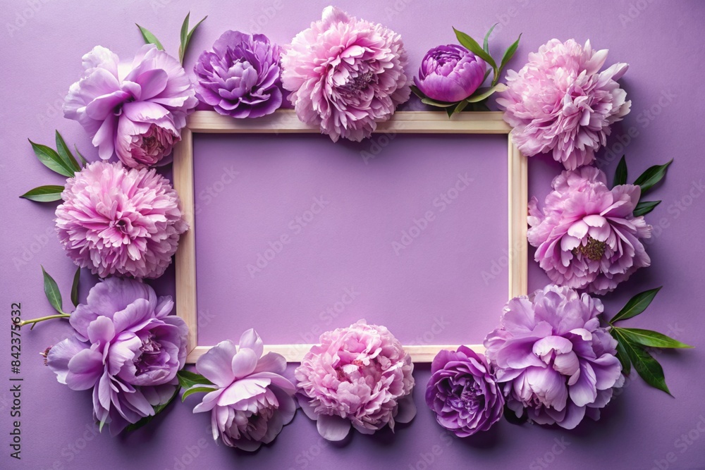 A frame with beautiful peony flowers on a pastel purple background. The layout of the apartment, top view, a place to copy, summer flowers.