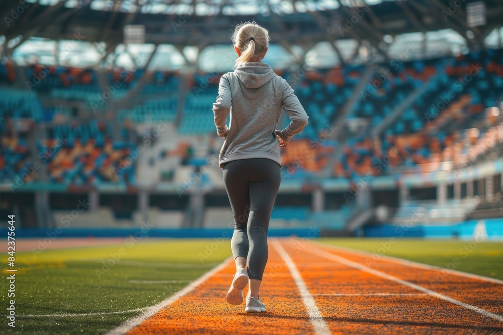 Fototapeta premium elderly woman in summer sport clothes jogging in the stadium. ai generated
