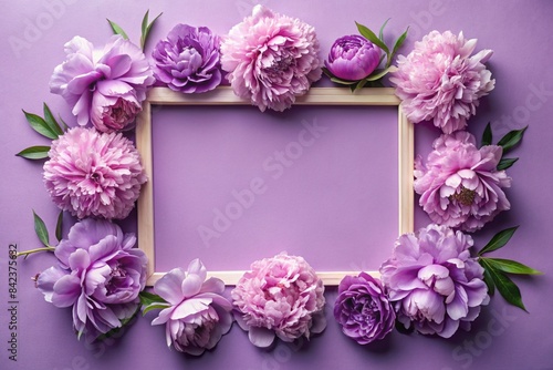 A frame with beautiful peony flowers on a pastel purple background. The layout of the apartment  top view  a place to copy  summer flowers.