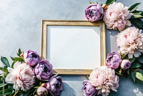 A frame with beautiful peony flowers on a pastel purple background. The layout of the apartment, top view, a place to copy, summer flowers. photo