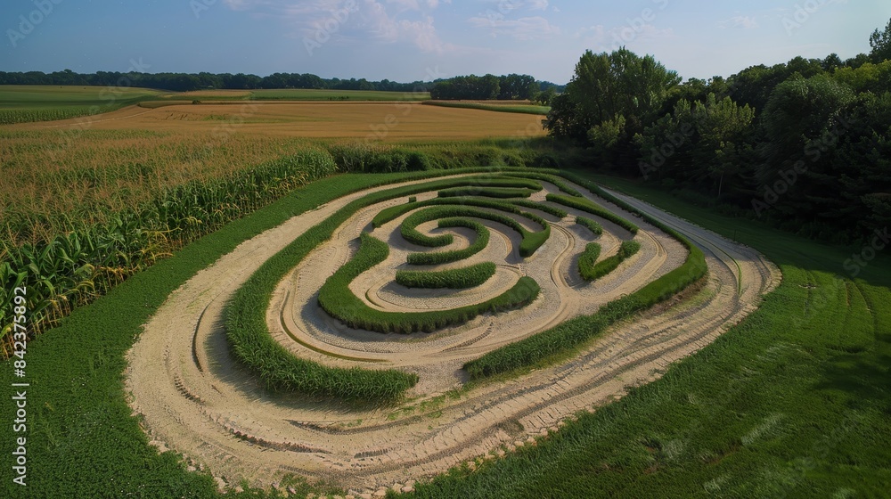 Overhead view of a captivating sand labyrinth, with winding paths, situated in a cornfield, under a sky that hints at impending doom Overhead view of a captivating sand labyrinth, with winding paths, situated in a cornfield, under a sky that hints at impending doom