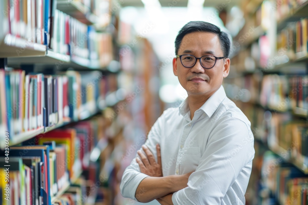 Portrait of a confident male librarian standing in the library with arms crossed. Portrait of a confident male librarian standing in the library with arms crossed.