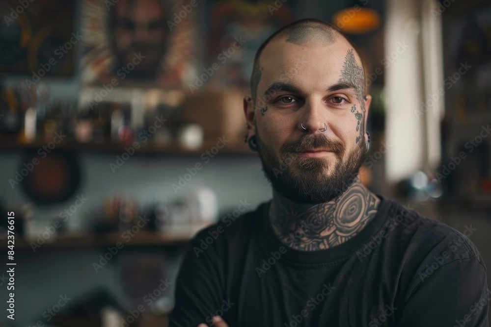 Portrait of a smiling tattooed man with beard and piercings in a tattoo studio. Portrait of a smiling tattooed man with beard and piercings in a tattoo studio.