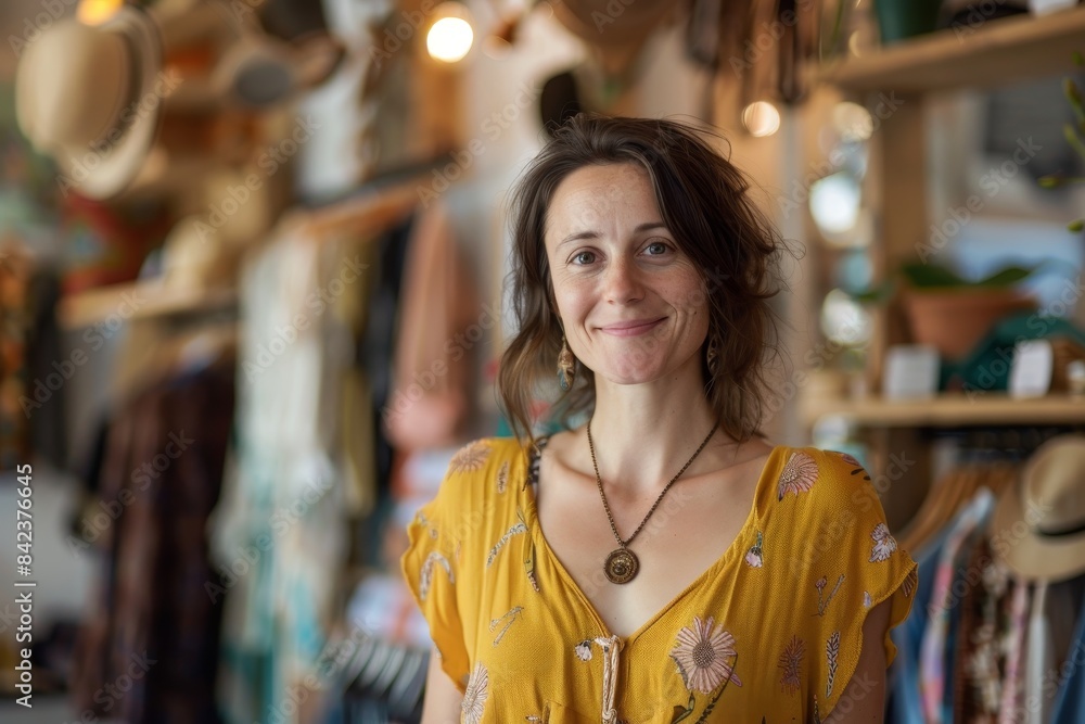 Portrait of a smiling woman standing in a clothing store. Portrait of a smiling woman standing in a clothing store.