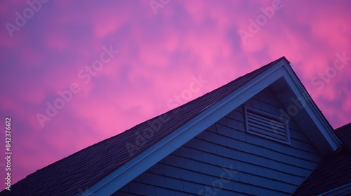 Rooftop with weathered shingles, twilight sky casting a serene purple-pink glow, peaceful and quiet urban scene © Alpha