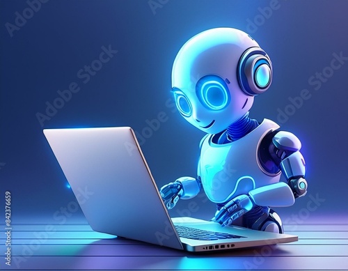 Cute friendly articifial intelligence robot using laptop computer with blue neon glow light, chatbot and AI assistant concept futuristic technology 3d illustration