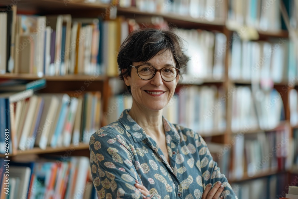 Portrait of a smiling young woman standing in a library. Portrait of a smiling young woman standing in a library.