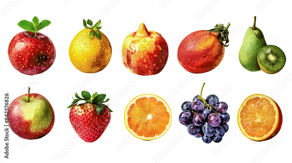 A vibrant assortment of fresh fruits including apples, strawberries, oranges, grapes, pears, and kiwis in high resolution for digital use. A vibrant assortment of fresh fruits including apples, strawberries, oranges, grapes, pears, and kiwis in high resolution for digital use.