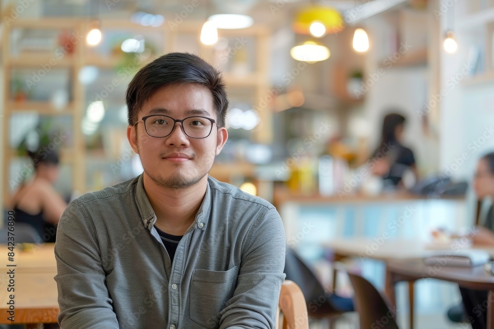 Portrait of a young Asian man with glasses in a coffee shop. Portrait of a young Asian man with glasses in a coffee shop.
