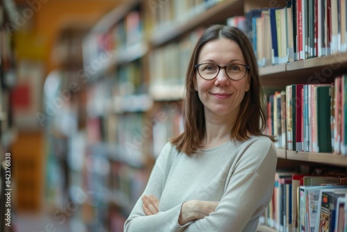Portrait of a smiling young woman standing in a library