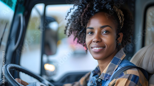 A young black woman is smiling while driving a truck, showcasing her skills as a professional driver and embodying confidence and independence. © NE97