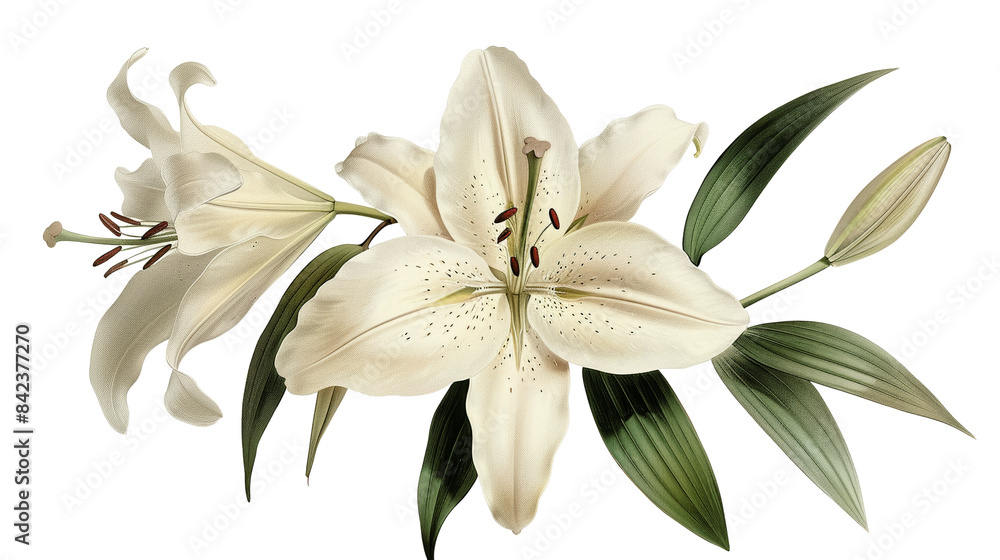 Elegant close-up of white lilies with green leaves, showcasing their delicate petals and natural beauty. Perfect for floral designs and nature themes. Elegant close-up of white lilies with green leaves, showcasing their delicate petals and natural beauty. Perfect for floral designs and nature themes.