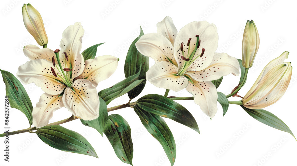 Beautiful illustration of white lilies with green leaves, perfect for botanical designs, nature-themed projects, and floral artwork lovers. Beautiful illustration of white lilies with green leaves, perfect for botanical designs, nature-themed projects, and floral artwork lovers.